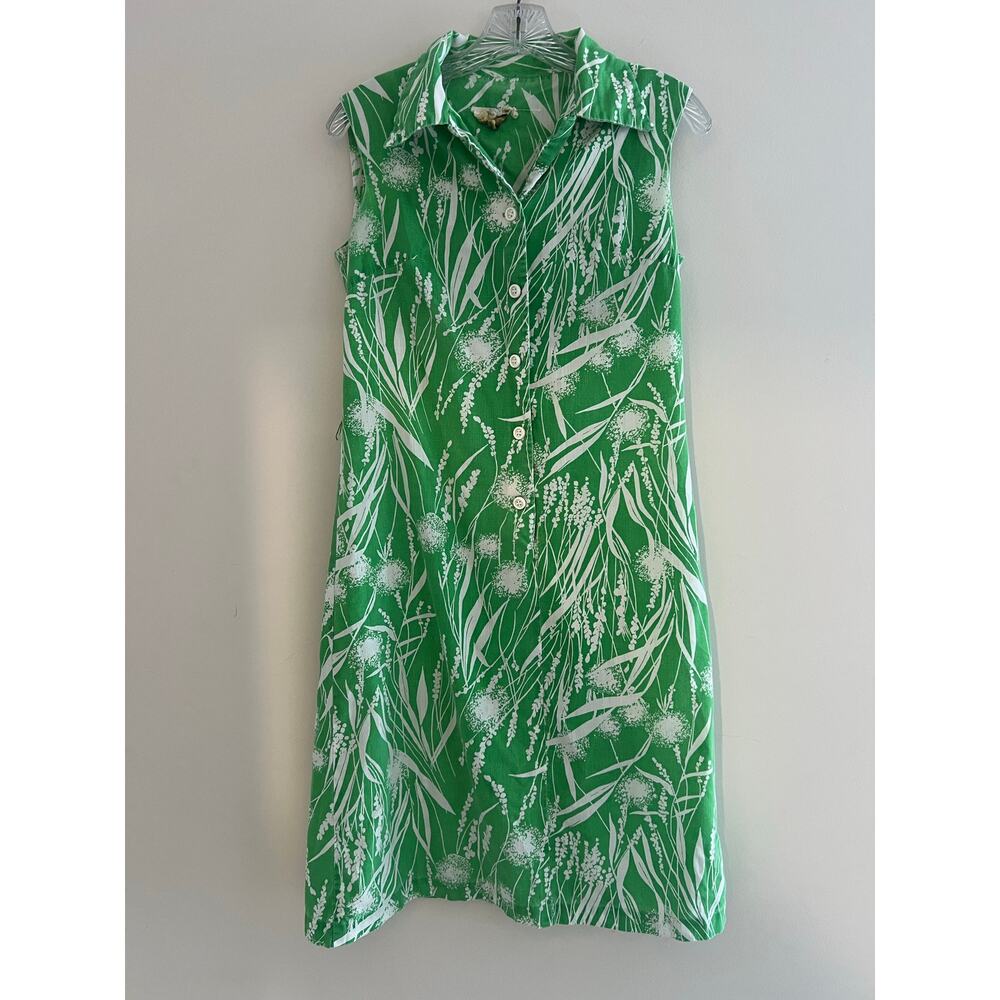 Vintage 1970s Green White Floral Sleeveless Collared Short Dress Small Medium JL